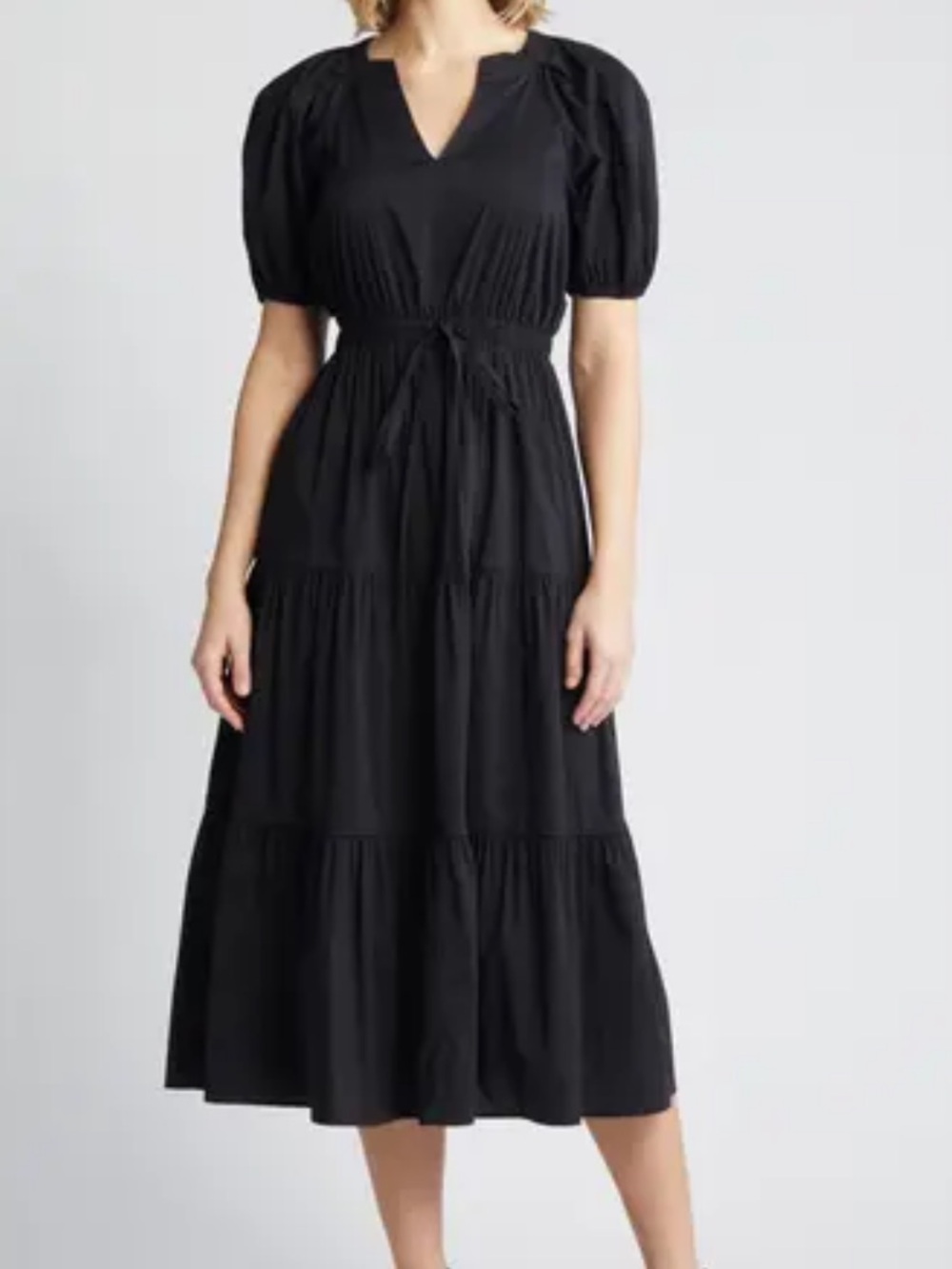 Anne Klein Black Puff Sleeve Tiered Midi Dress Size‎ Medium